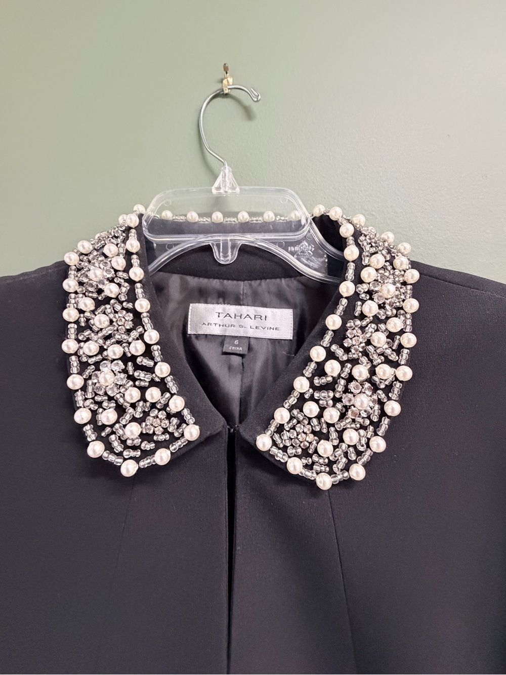 Tahari Black Embellished Pearl & Crystal Collar Blazer